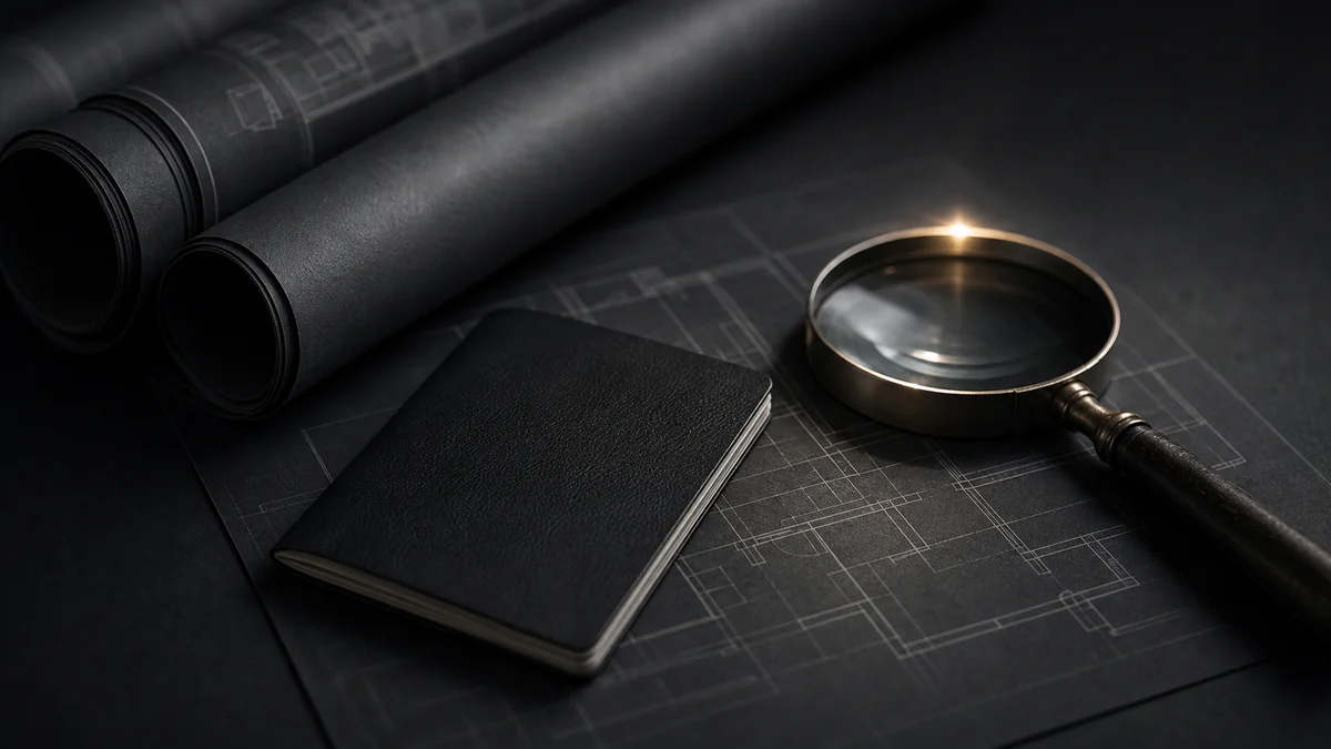 Pasaporte sobre planos arquitectónicos junto a una lupa, luz tenue