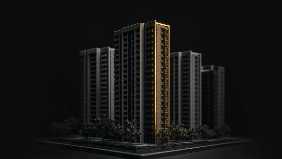 Maqueta arquitectónica de torres residenciales con un acento de luz dorada, fondo oscuro
