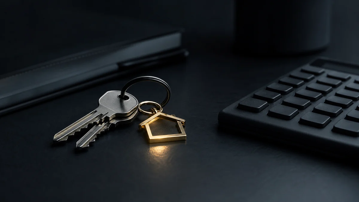 Llaves de departamento junto a una calculadora sobre superficie oscura, un destello dorado