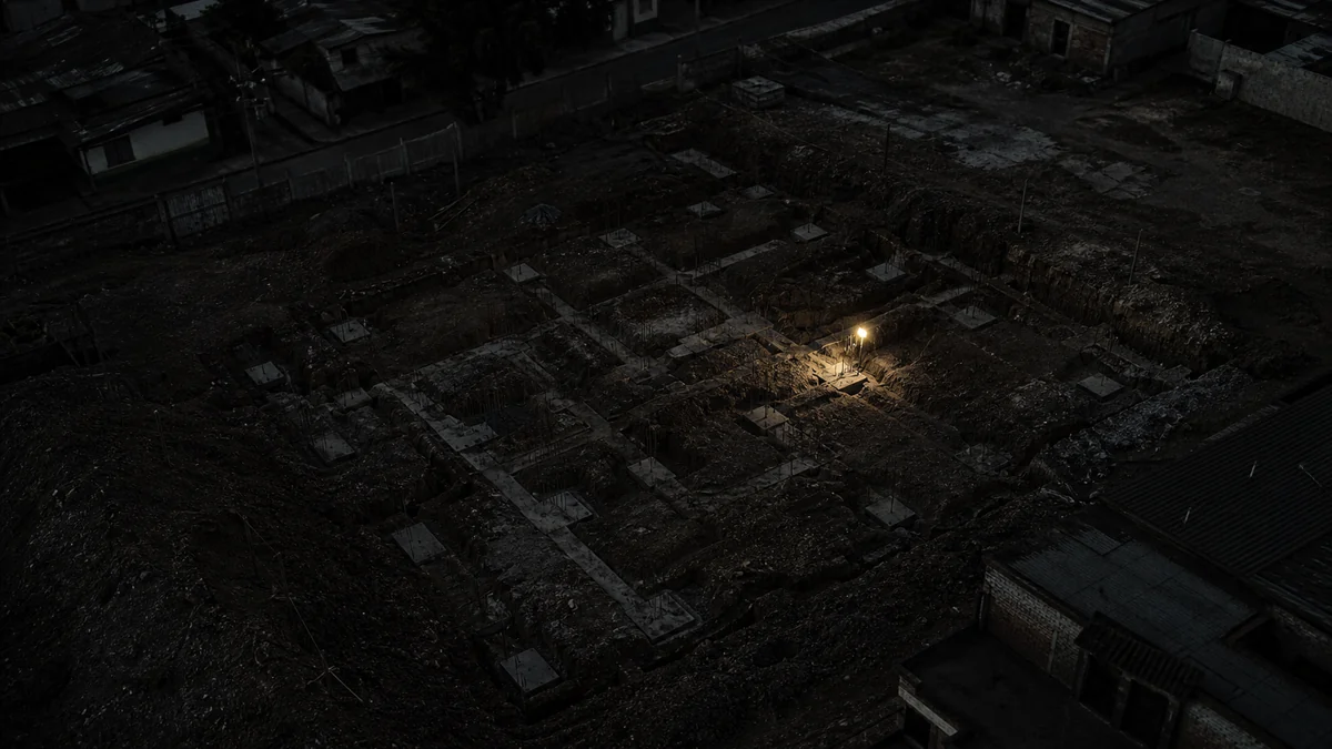 Cimientos de obra en etapa temprana al atardecer vistos desde el aire
